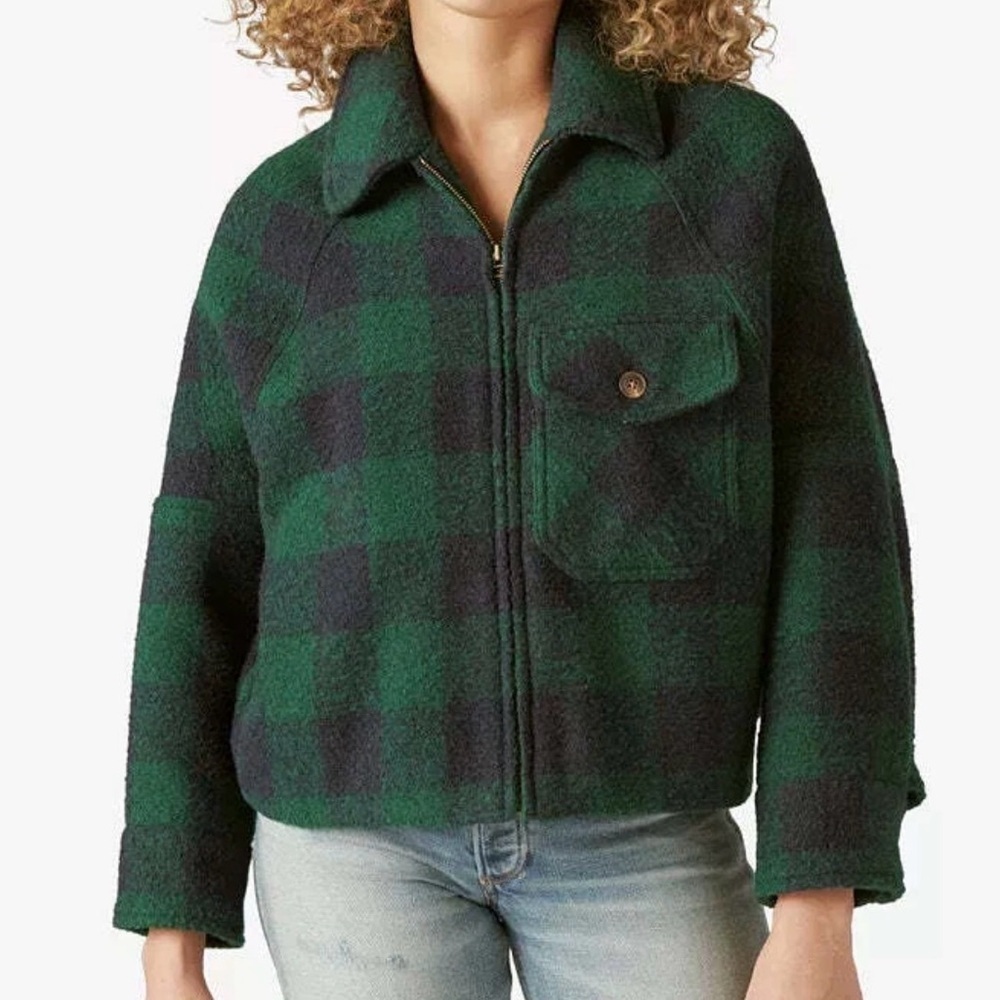 LUCKY BRAND GREEN BLACK BUFFALO PLAID FLEECE FULL ZIP JACKET WOMENS SMALL